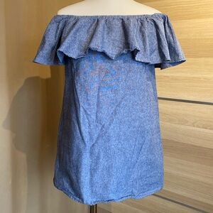 DO+BE Blue Chambray Off Shoulder Ruffle Top Size S | Cotton Linen Summer Blouse